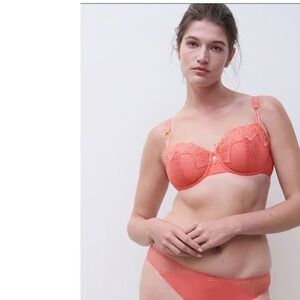 Chantelle Cabaret Sauvage Coral Pink Lace Full Coverage Bra Panty Set 34G NEW